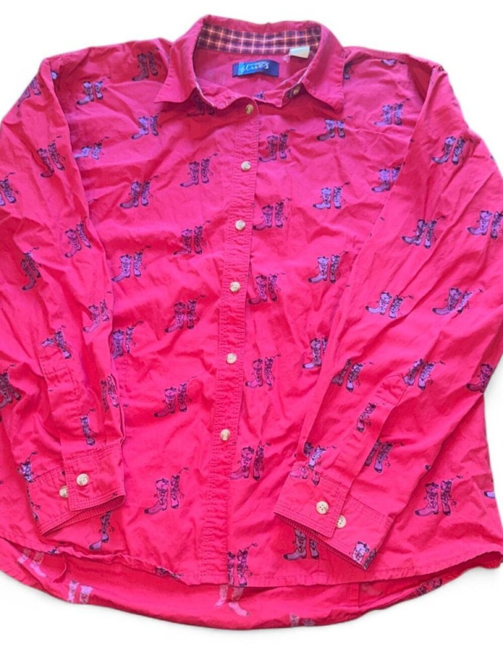 Vintage Women’s Wrangler Blues Pink button-up shirt with purple cowboy boots